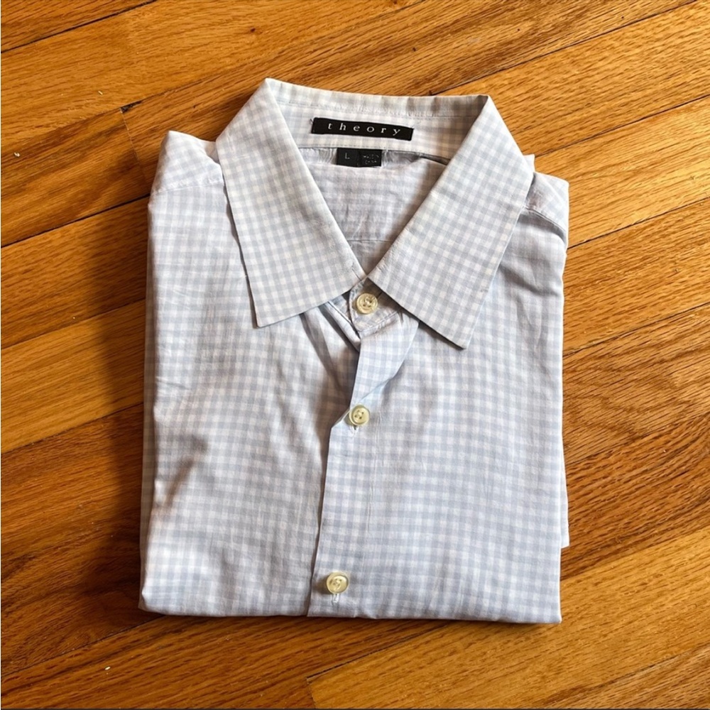 Theory Mens white & blue checkered collared button shirt size large